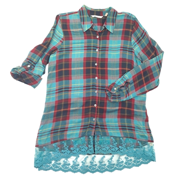 Soft Surroundings Adeline Shirt Aqua Berry Plaid Lace Button Up Tunic - Medium - Picture 1 of 11